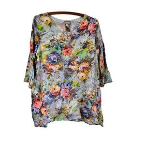 Niche Nilgun Derman Colorful Floral Boho 3/4 Length Sleeves Tunic Blouse Size M